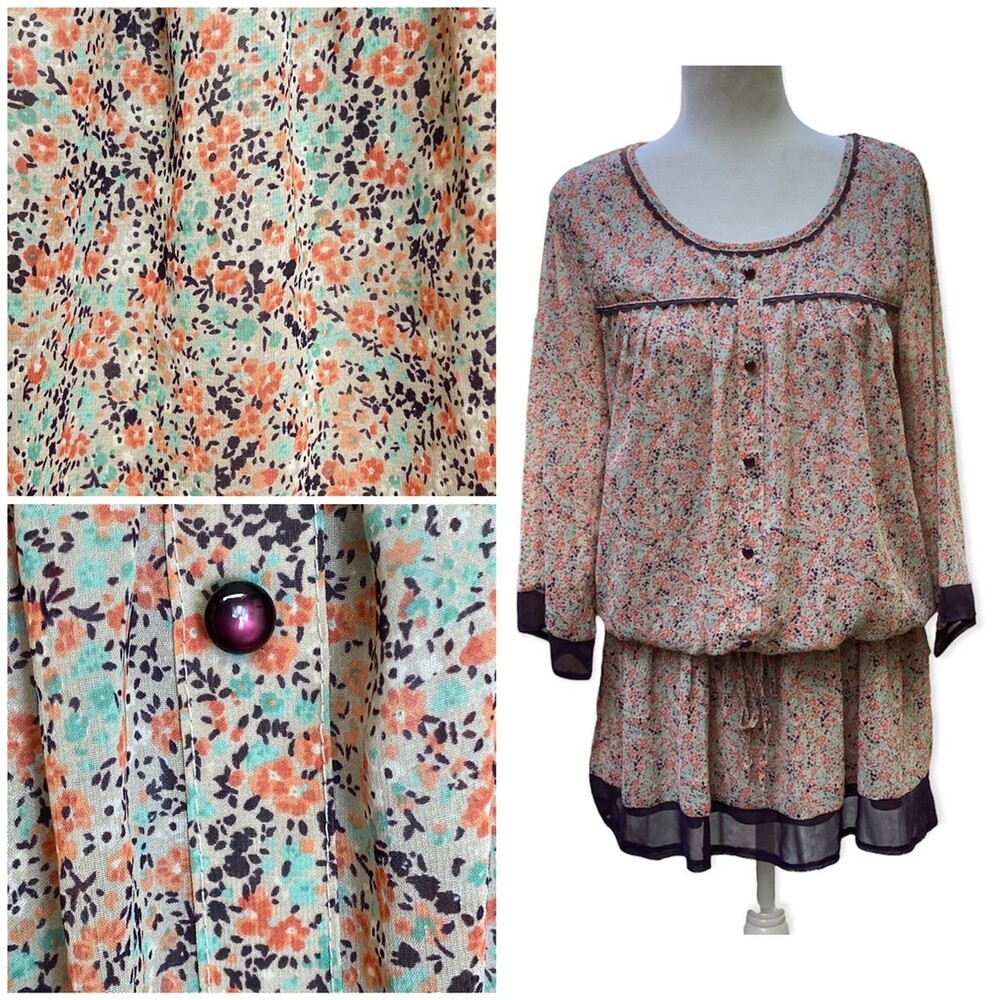 vtg chiffon pastel dainty floral purple prairie boho mini dress tunic size S/M